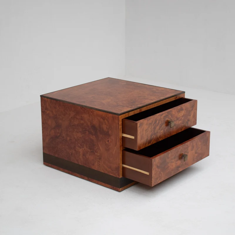 Vintage Burl Wood Cube Cabinet with Two Drawers