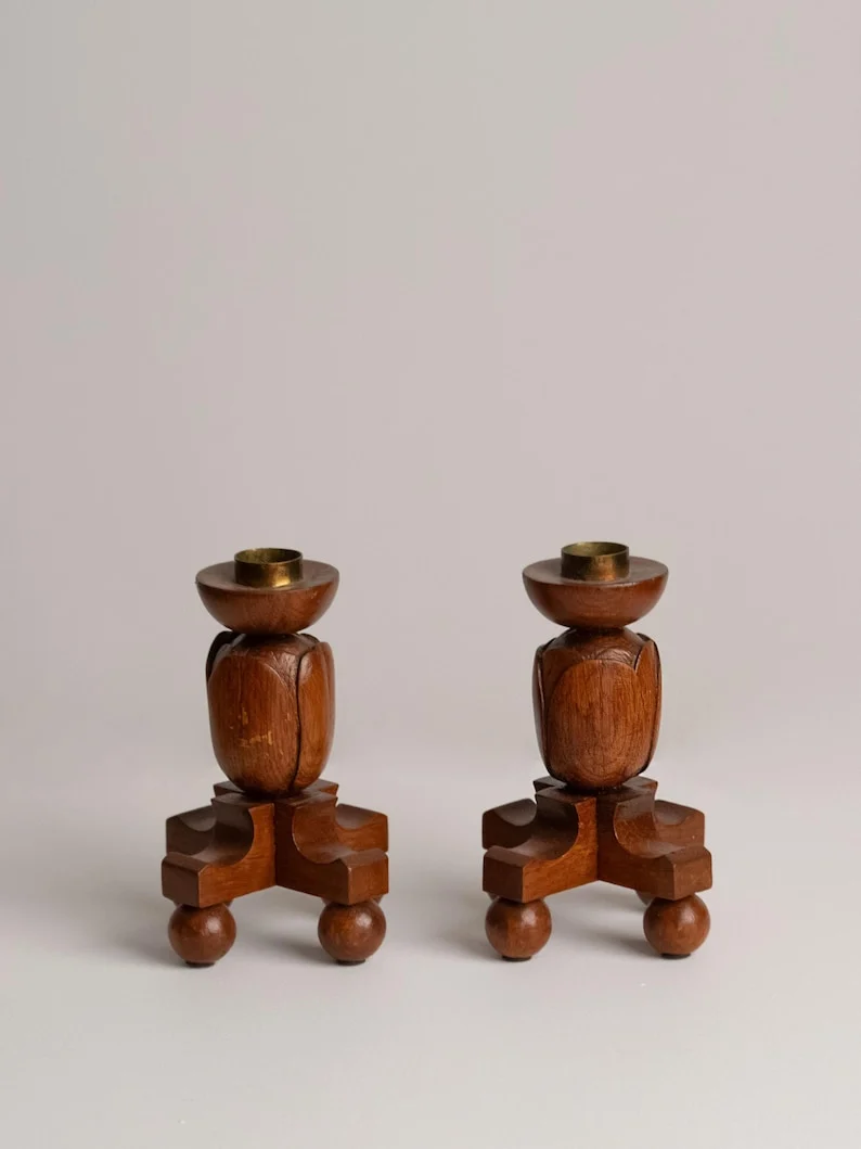 Pair of Hand Carved Wooden Tulip Candleholders, 1960s