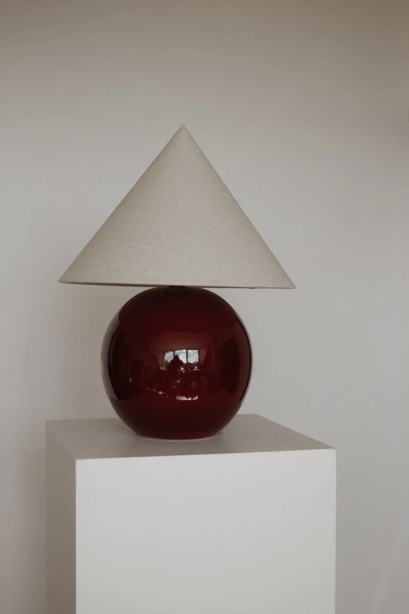 Vintage Burgundy & Linen Sculptural Table Lamp