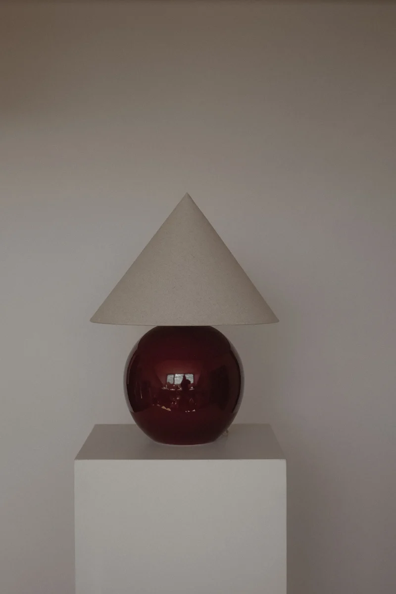 Vintage Burgundy & Linen Sculptural Table Lamp