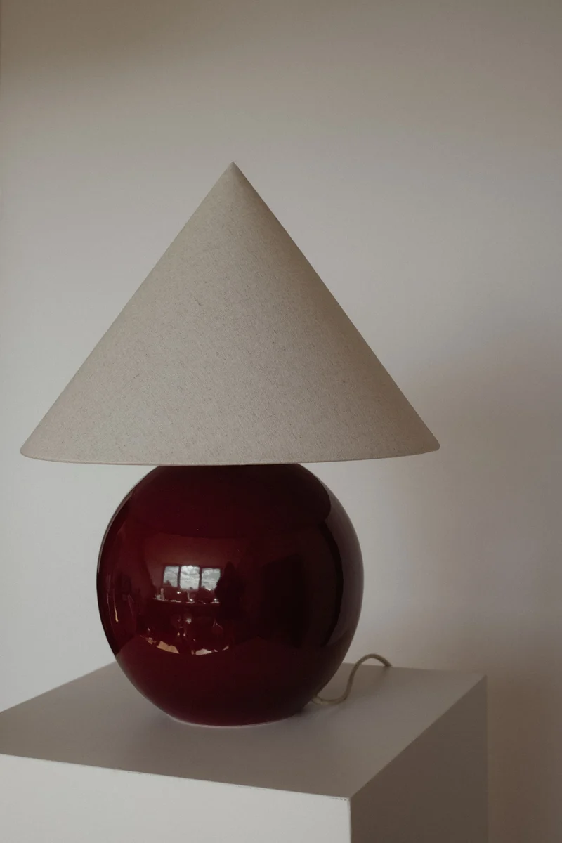 Vintage Burgundy & Linen Sculptural Table Lamp