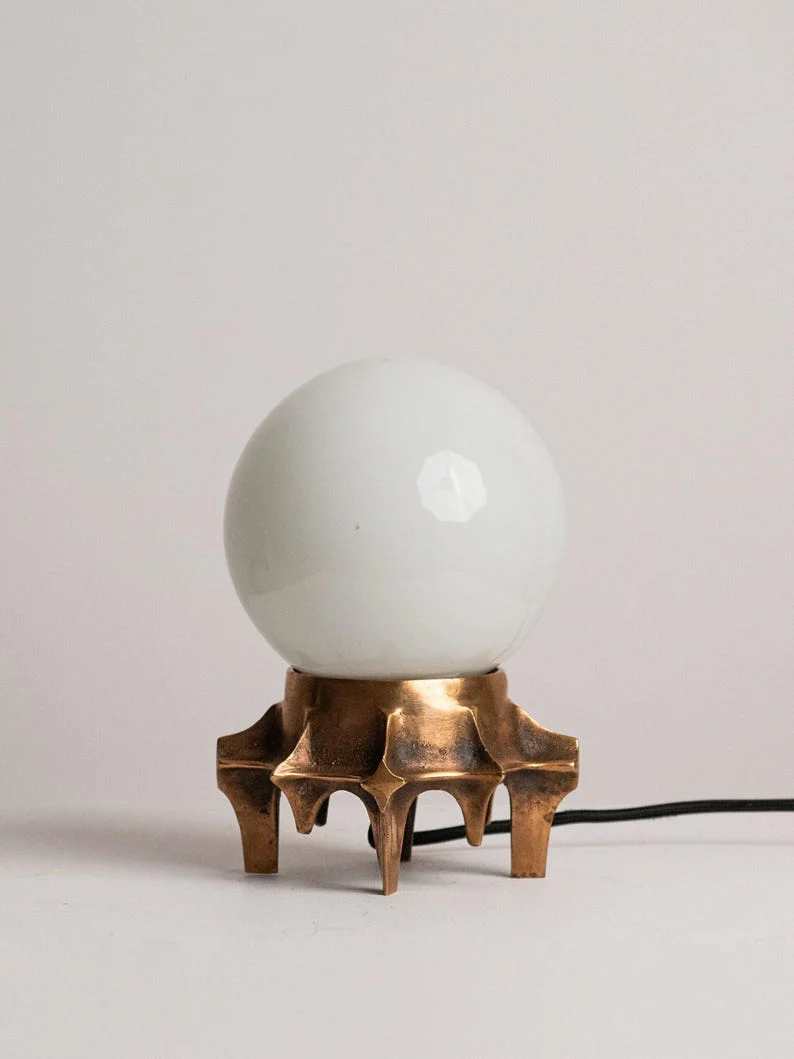 Vintage Brutalist Table Lamp, Tripod Cast Metal Base, Opaline Glass Globe Shade, 1970s