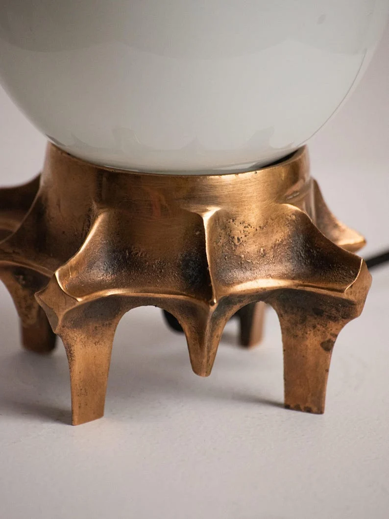 Vintage Brutalist Table Lamp, Tripod Cast Metal Base, Opaline Glass Globe Shade, 1970s