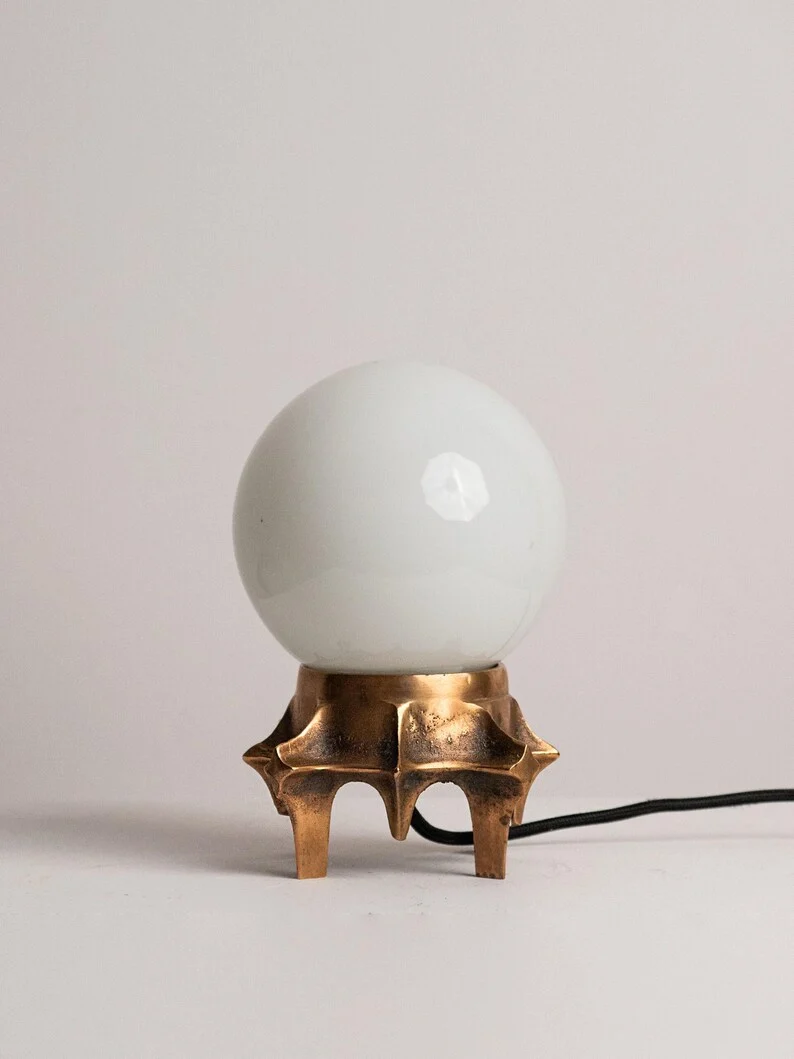 Vintage Brutalist Table Lamp, Tripod Cast Metal Base, Opaline Glass Globe Shade, 1970s