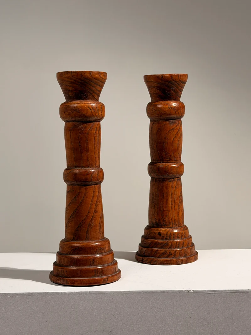 Pair of Brutalist Solid Wood Candleholders, France, circa 1960