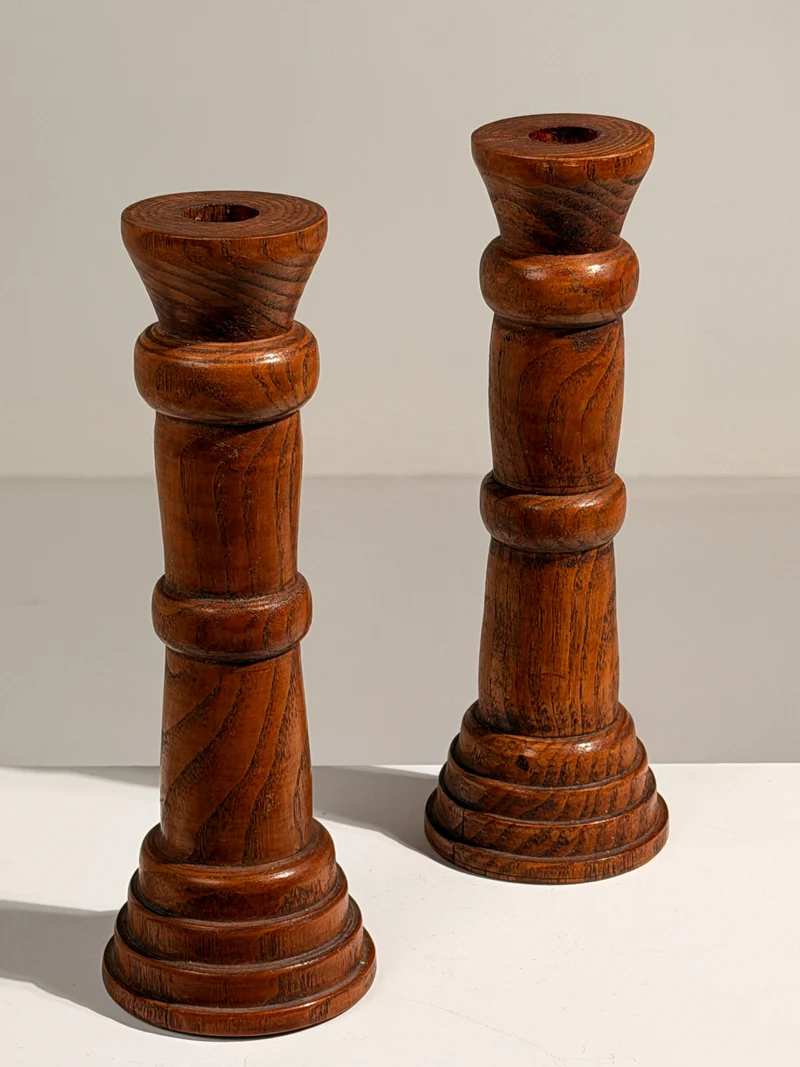 Pair of Brutalist Solid Wood Candleholders, France, circa 1960