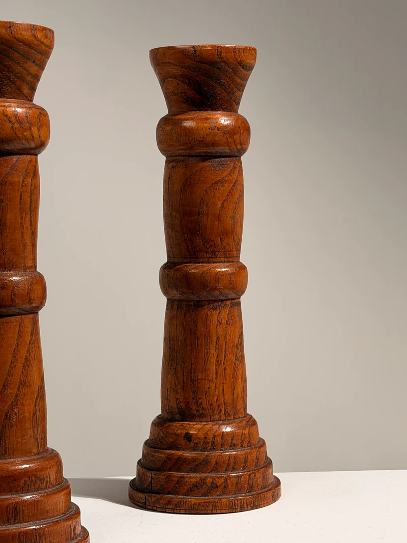 Pair of Brutalist Solid Wood Candleholders, France, circa 1960