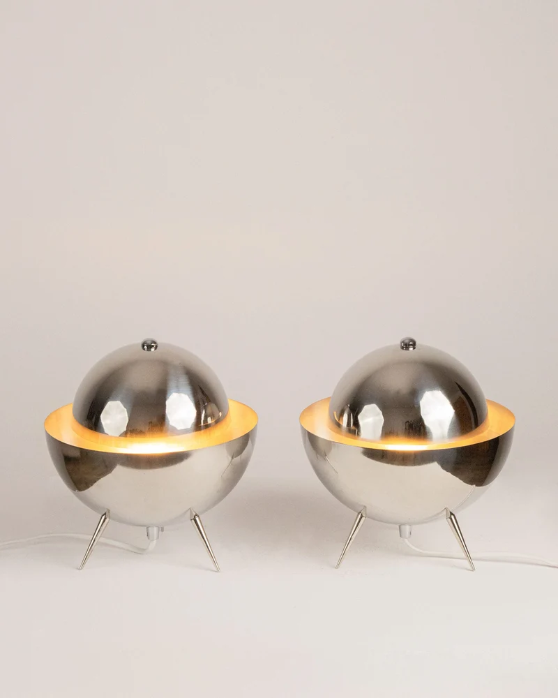 Vintage Pair of UFO Dome Table Lamps, Polished Stainless Steel, Space Age Style, 1970s