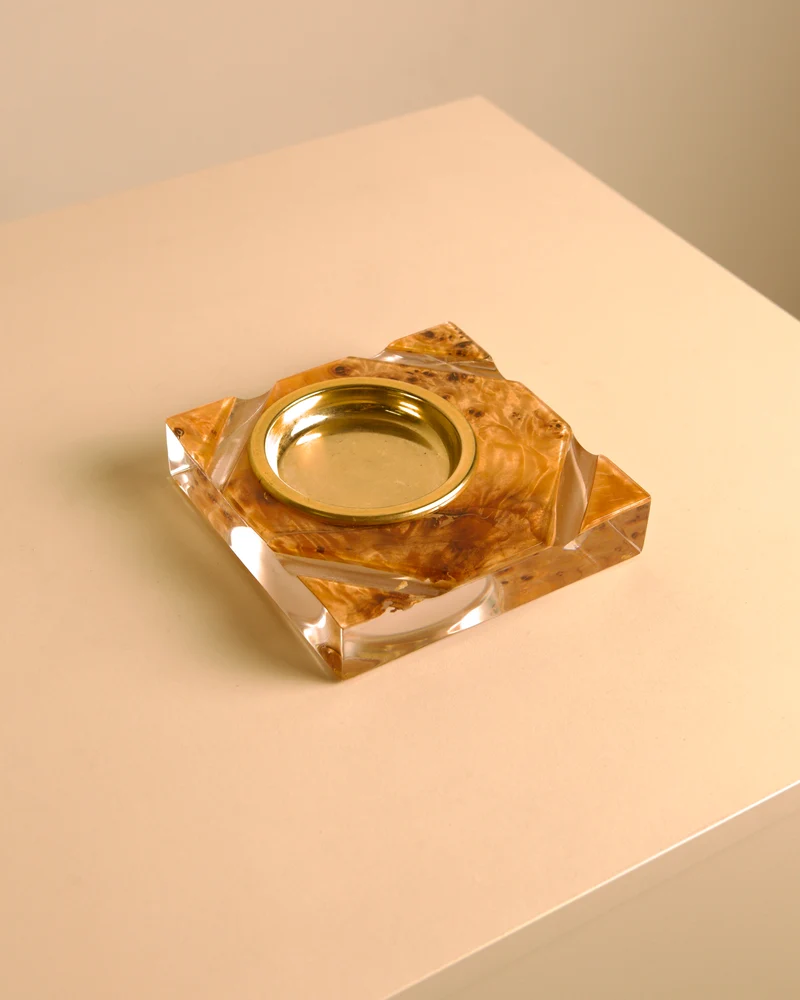 Italian Catch-all in Plexiglass with Gilt Metal and Amber Burl Wood Lid, 1970s