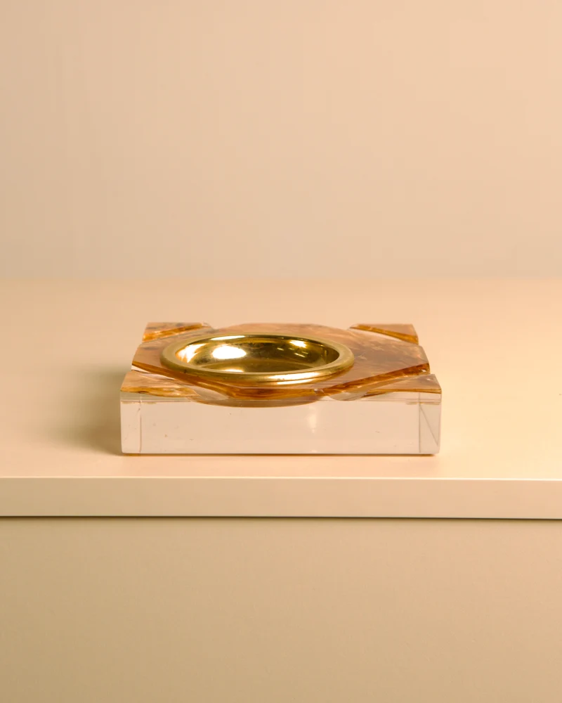 Italian Catch-all in Plexiglass with Gilt Metal and Amber Burl Wood Lid, 1970s