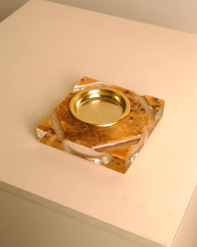 Italian Catch-all in Plexiglass with Gilt Metal and Amber Burl Wood Lid, 1970s