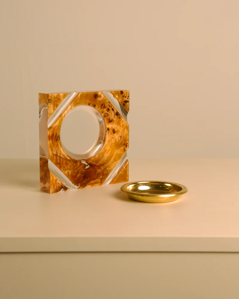 Italian Catch-all in Plexiglass with Gilt Metal and Amber Burl Wood Lid, 1970s