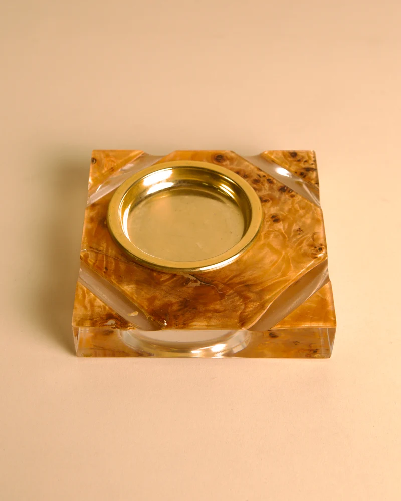 Italian Catch-all in Plexiglass with Gilt Metal and Amber Burl Wood Lid, 1970s
