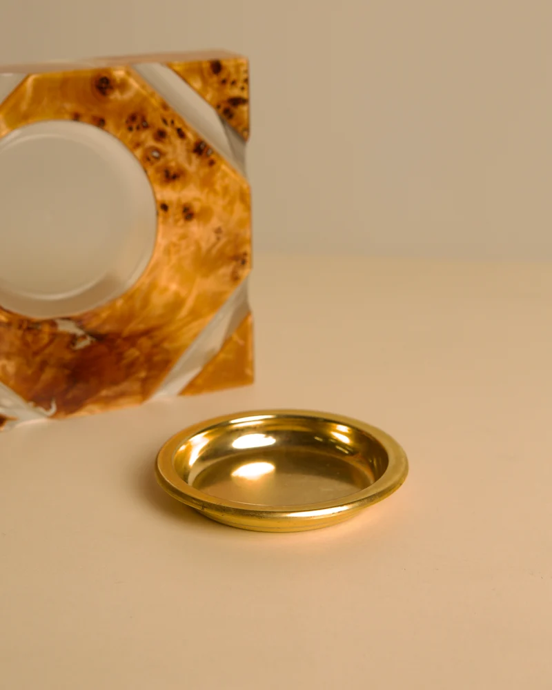 Italian Catch-all in Plexiglass with Gilt Metal and Amber Burl Wood Lid, 1970s