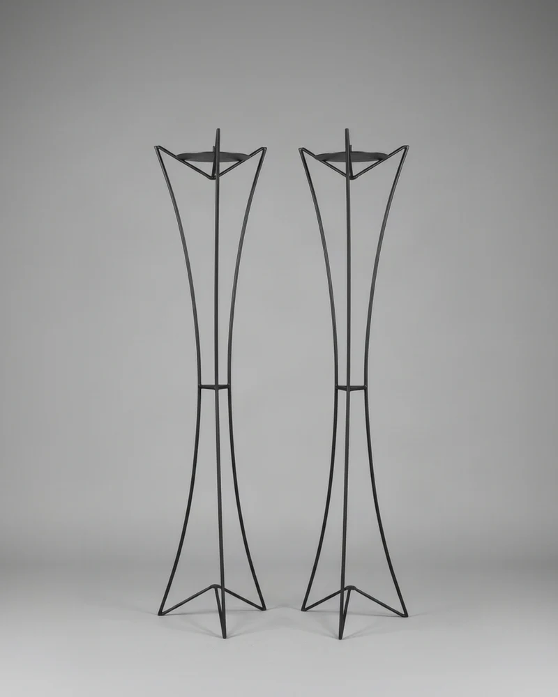 Pair of Monumental Forged Iron Floor Candleholders, Portugal, 1970s