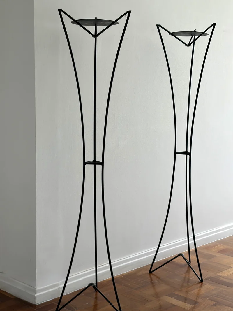Pair of Monumental Forged Iron Floor Candleholders, Portugal, 1970s