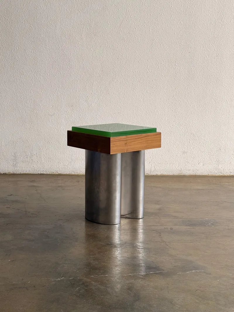 Agar 01 — Side Table in Teak, Resin and Stainless Steel