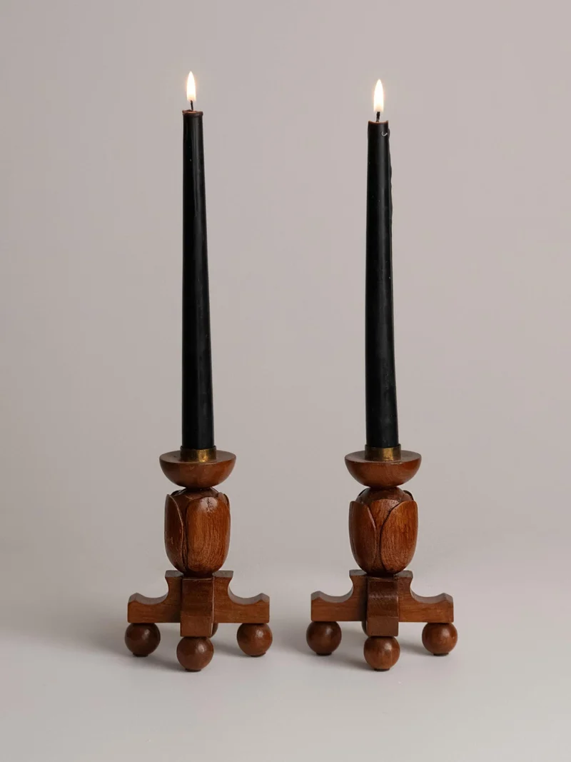 Hand-Carved Wooden Tulip Candleholders