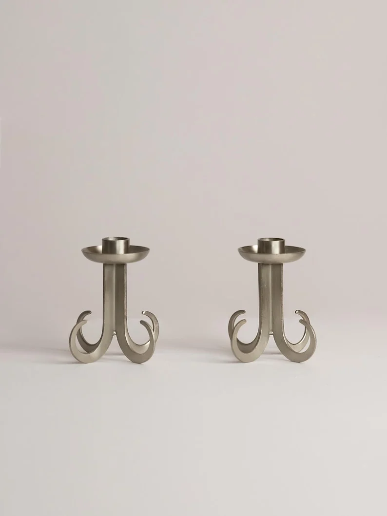 Architectural Steel Totem Candlesticks 1970s – Brutalist Sculptural Set of 2