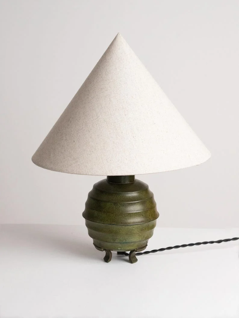 Vintage Art Deco Ribbed Metal Ceramic Table Lamp