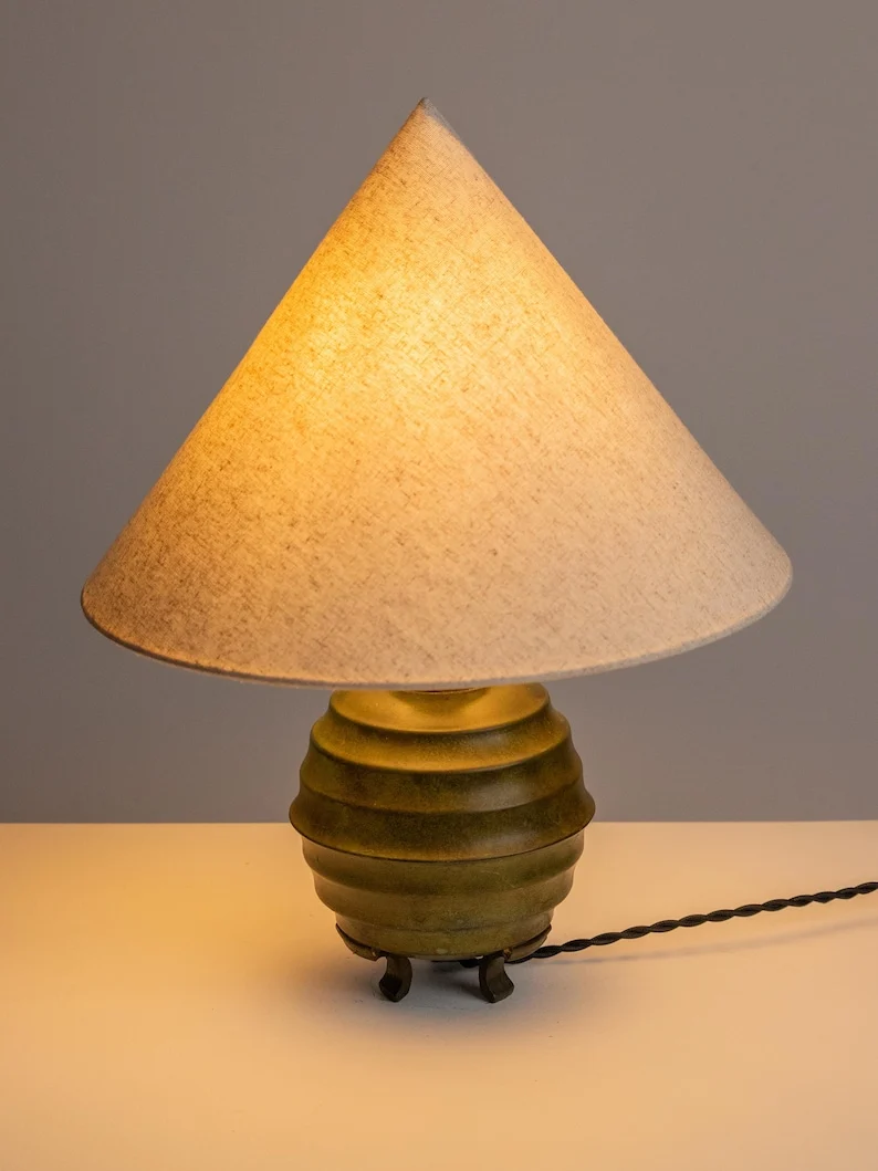 Vintage Art Deco Ribbed Metal Ceramic Table Lamp