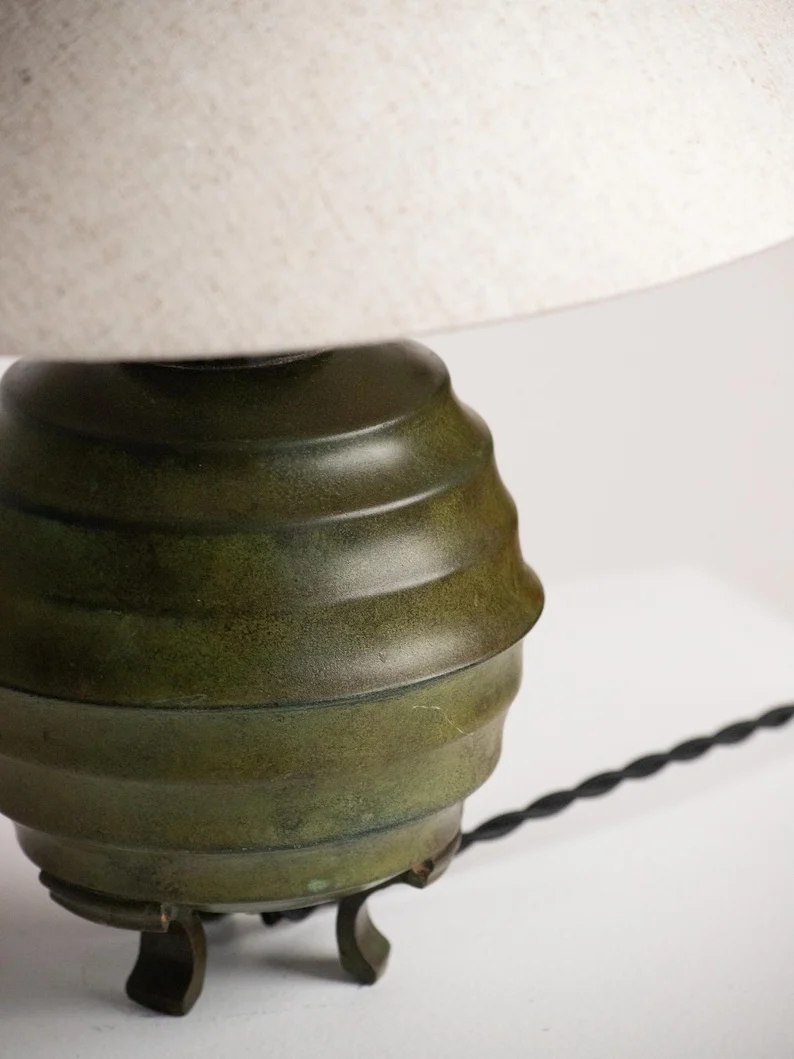 Vintage Art Deco Ribbed Metal Ceramic Table Lamp