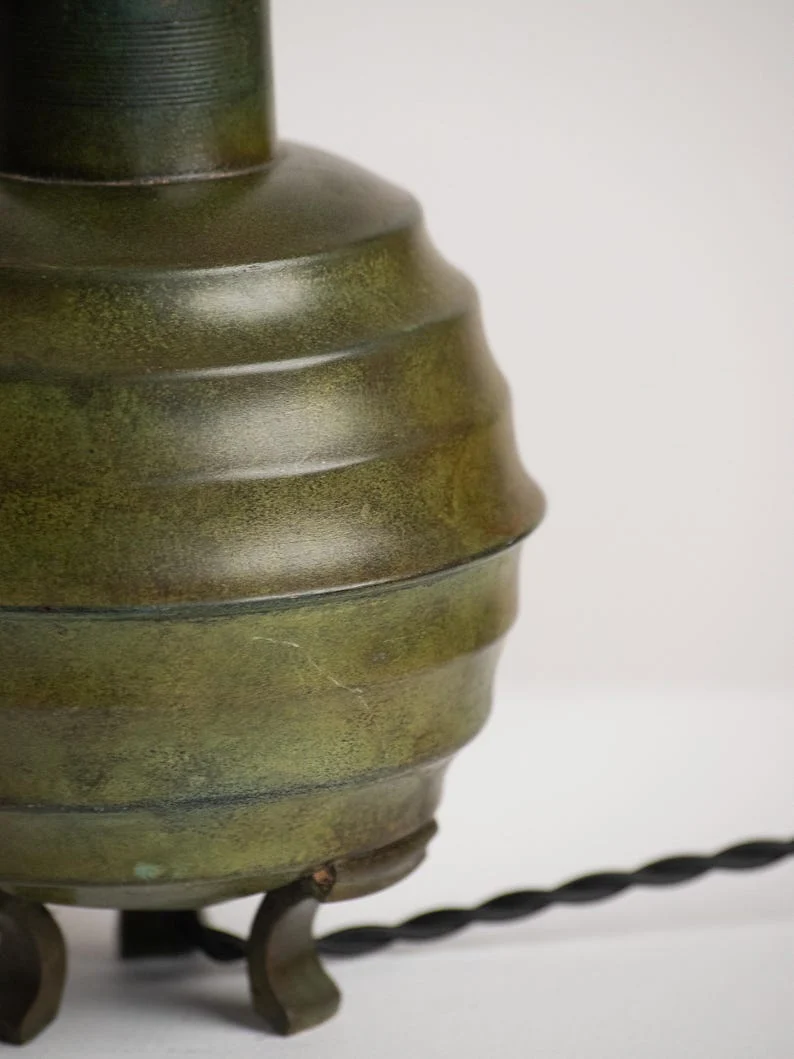 Vintage Art Deco Ribbed Metal Ceramic Table Lamp