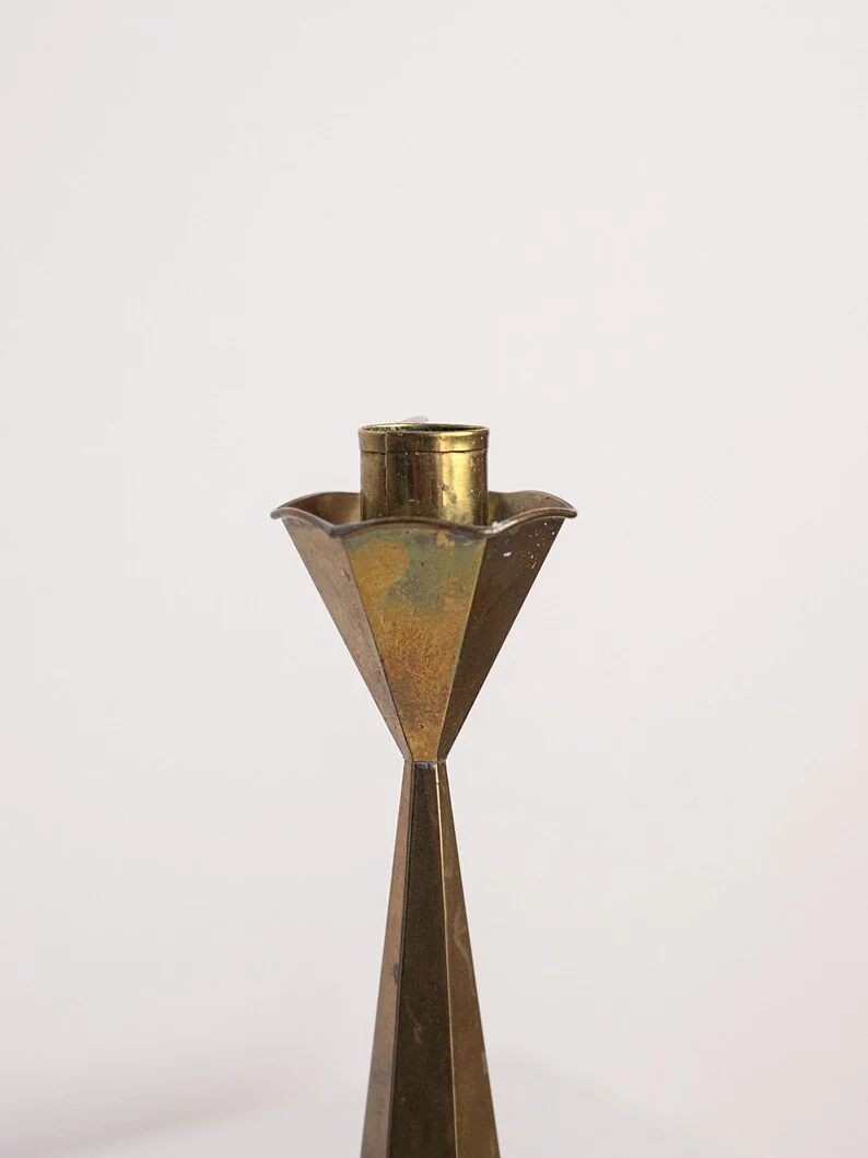 Hexagonal Brass Candlesticks Tall Pair, Hourglass Taper Holders 1960s