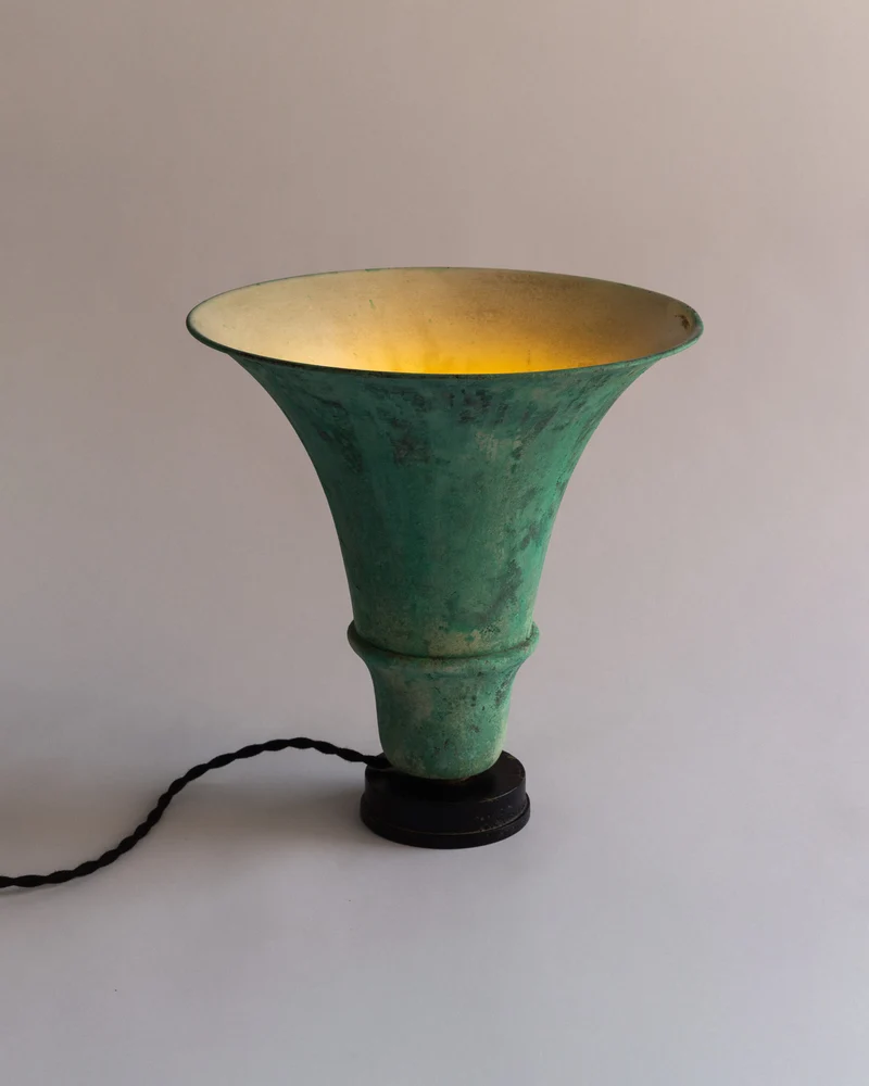 Vintage Art Deco Uplighter with Verdigris Patina, 1930s Brass Table Lamp