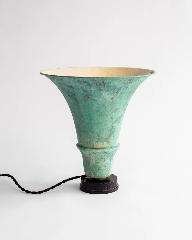 Vintage Art Deco Uplighter with Verdigris Patina, 1930s Brass Table Lamp