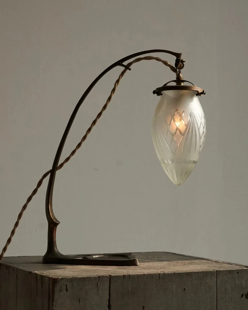 Vintage Art Nouveau Table Lamp in Sand Cast Brass and Etched Glass 1920s