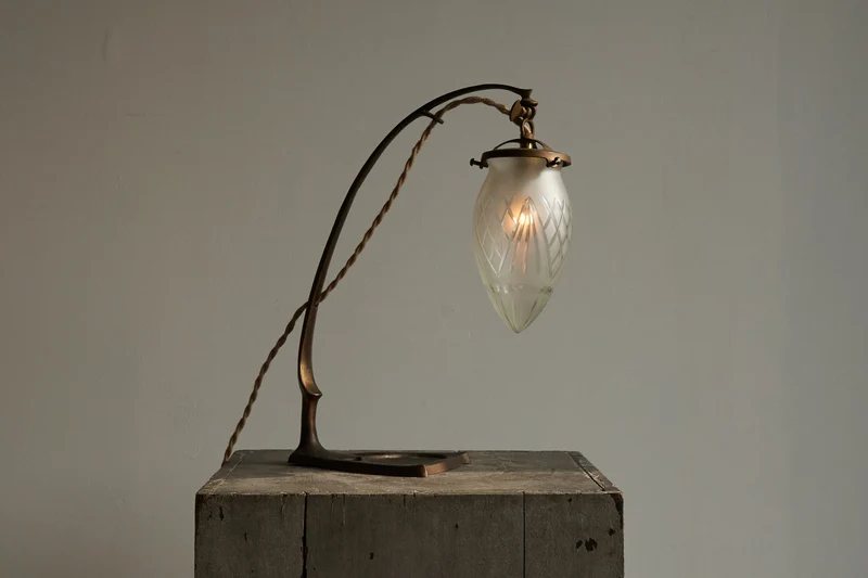 Vintage Art Nouveau Table Lamp in Sand Cast Brass and Etched Glass 1920s