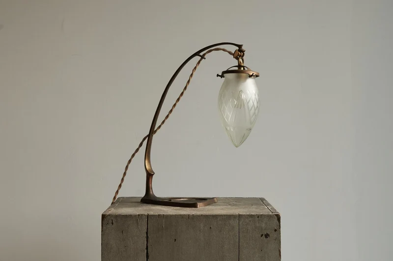 Vintage Art Nouveau Table Lamp in Sand Cast Brass and Etched Glass 1920s