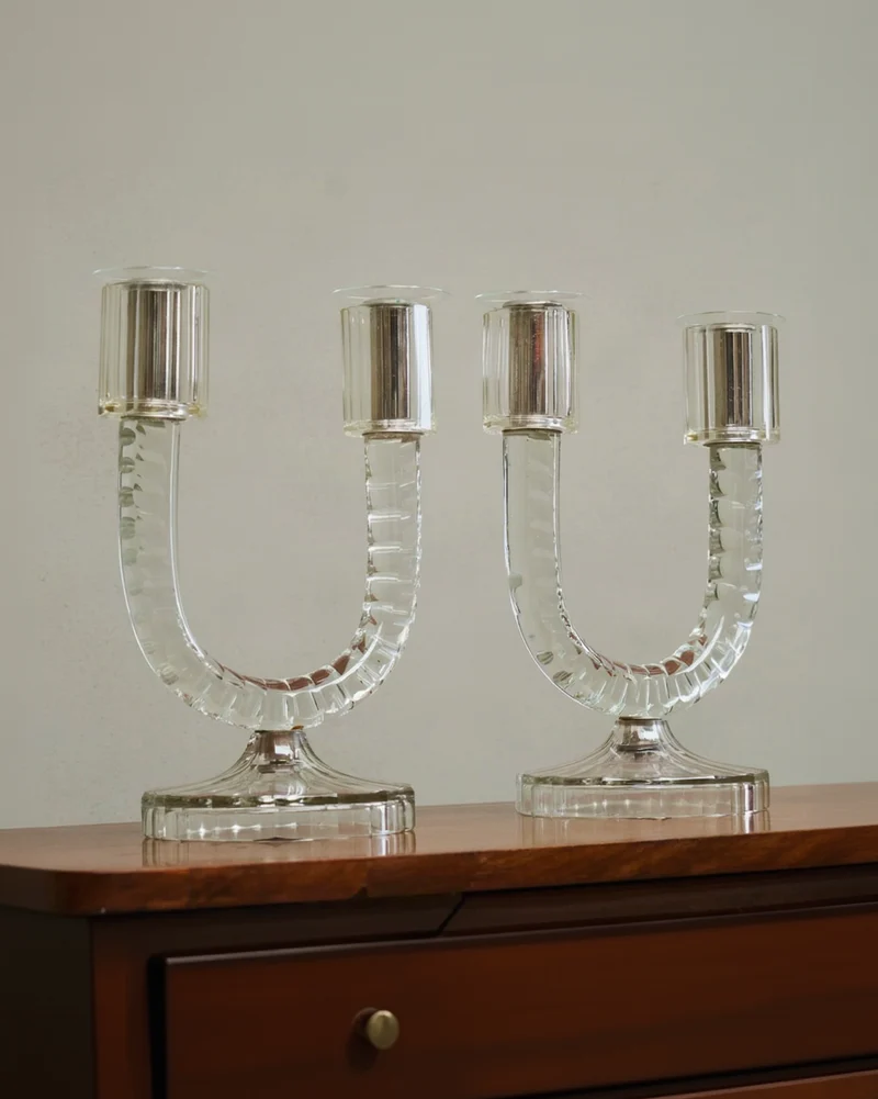 Wonderful Pair of Crystal Art Deco Candle Holders, France 1930s