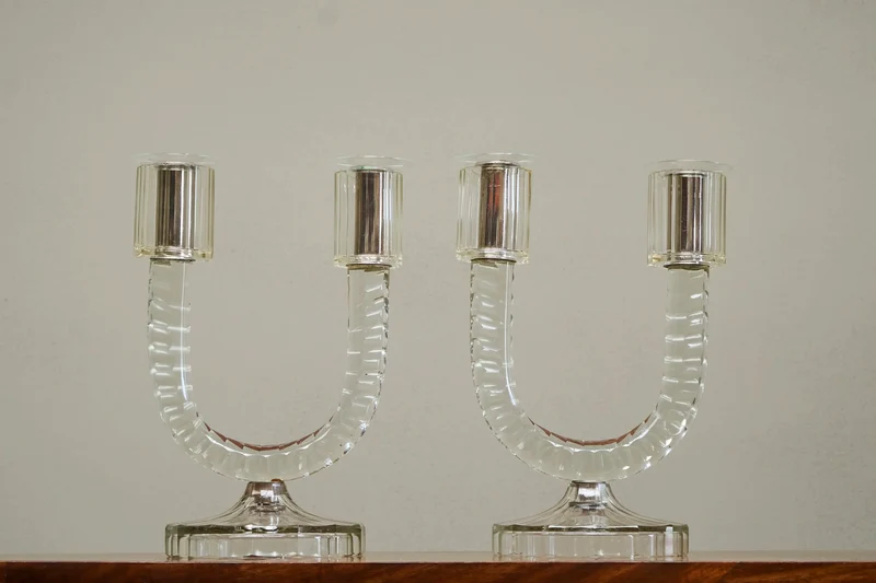 Wonderful Pair of Crystal Art Deco Candle Holders, France 1930s