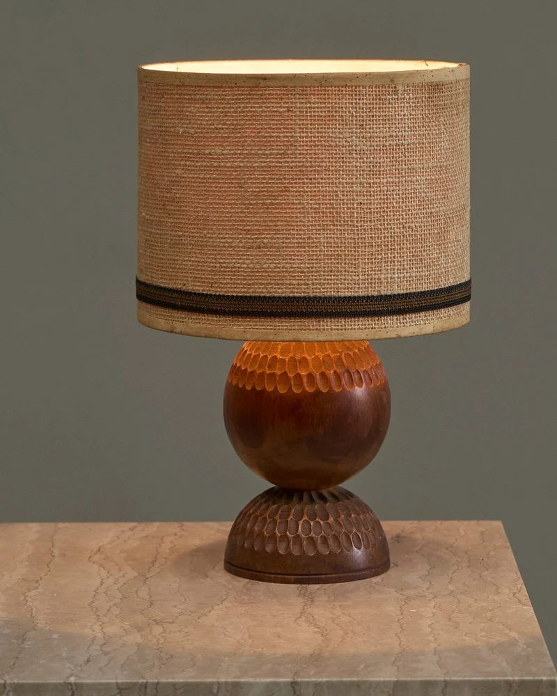 Vintage Table Lamp in Carved Wood with Shade in Woven Jute 1960s