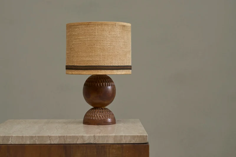 Vintage Table Lamp in Carved Wood with Shade in Woven Jute 1960s