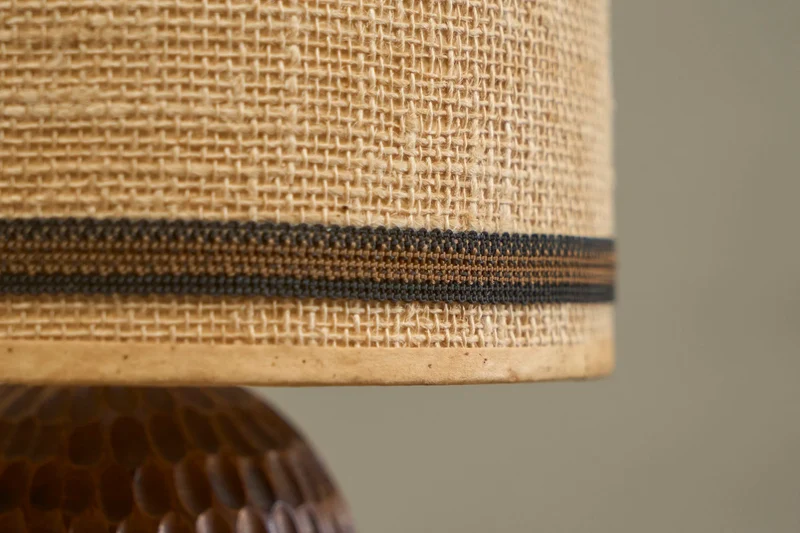 Vintage Table Lamp in Carved Wood with Shade in Woven Jute 1960s