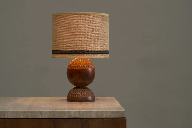 Vintage Table Lamp in Carved Wood with Shade in Woven Jute 1960s