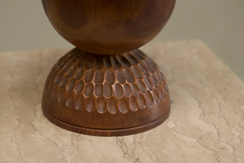 Vintage Table Lamp in Carved Wood with Shade in Woven Jute 1960s
