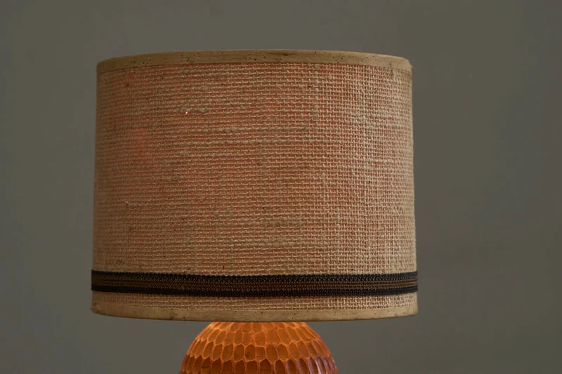Vintage Table Lamp in Carved Wood with Shade in Woven Jute 1960s