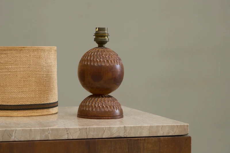 Vintage Table Lamp in Carved Wood with Shade in Woven Jute 1960s