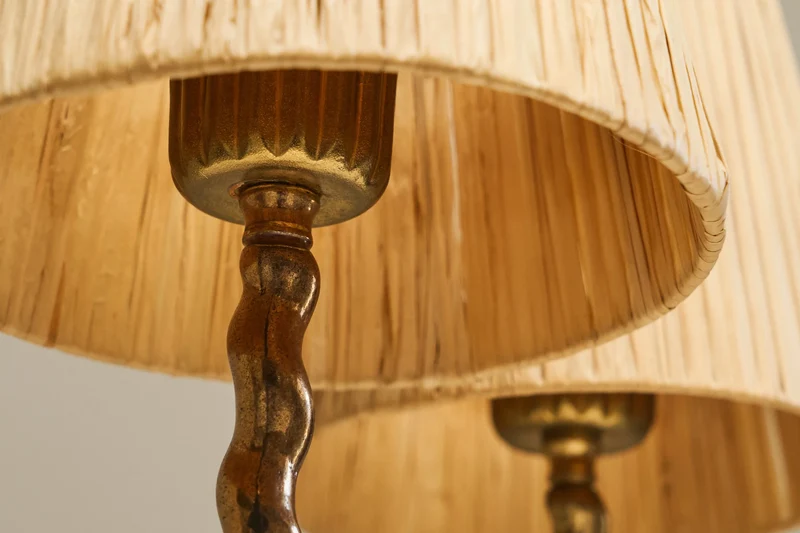 Vintage Mid-Century Pair of Tripod Table Lamps in Patinated Sand Cast Brass with Raffia Shades