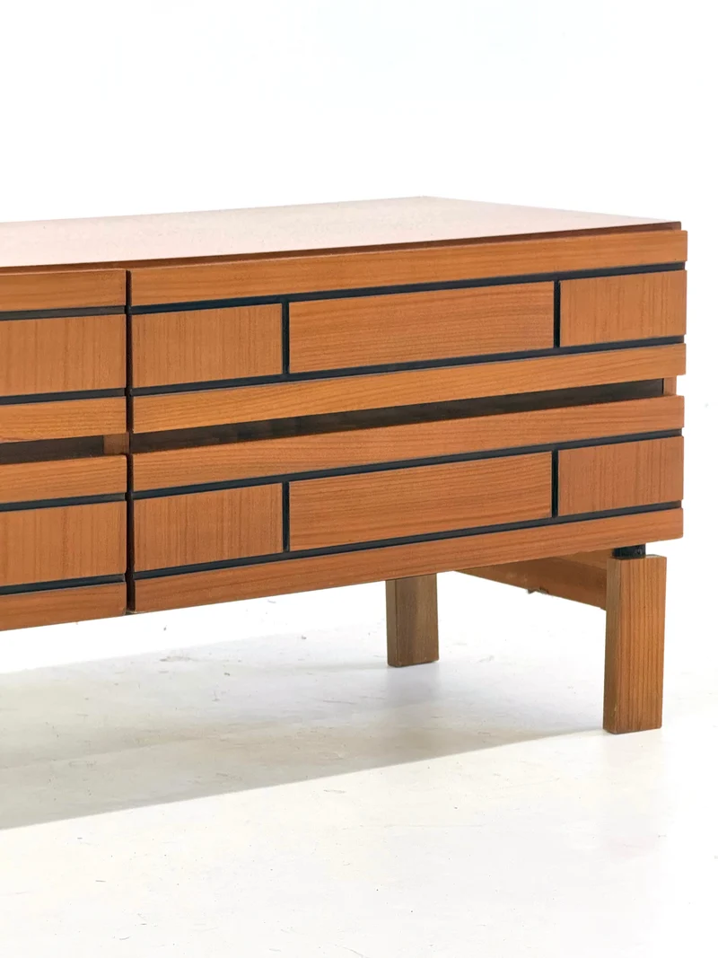 Low Italian Wooden Sideboard with Graphic Black Lines