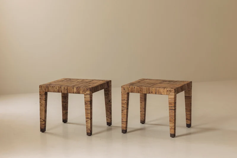 Exceptional French Rattan Wrapped Side Tables, 1970s — Pair