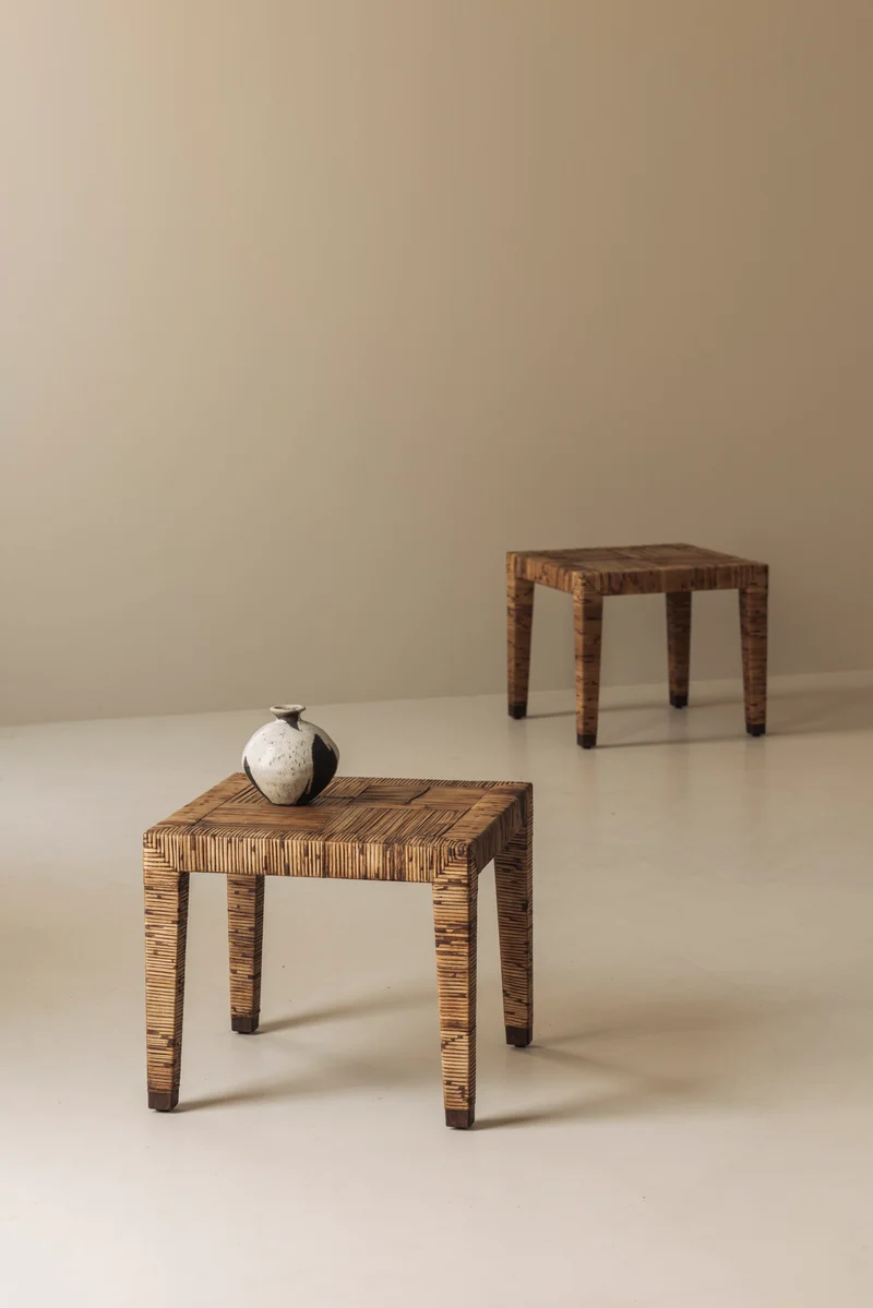 Exceptional French Rattan Wrapped Side Tables, 1970s — Pair