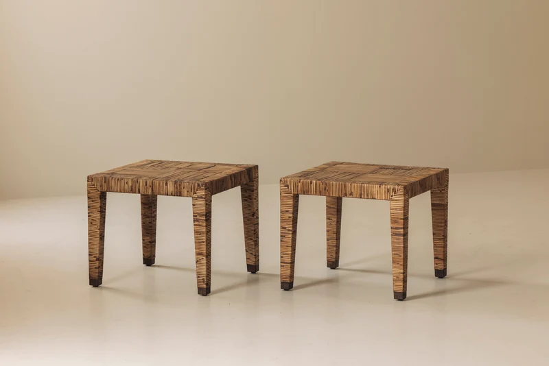 Exceptional French Rattan Wrapped Side Tables, 1970s — Pair
