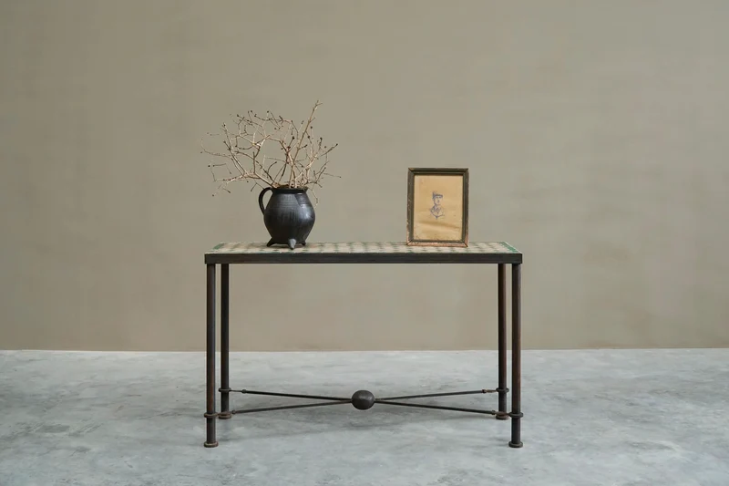 Art Deco Console Table in Patinated Iron and Tiles, 1940s