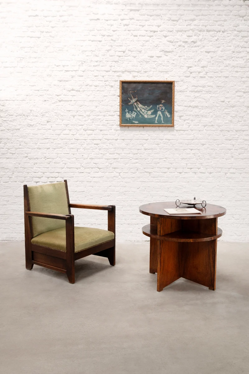 French Modernist Circular Coffee Table with Integrated Shelving, c. 1935