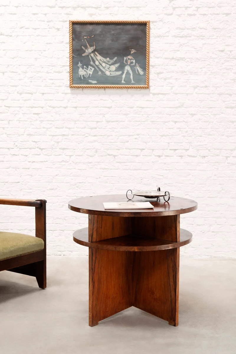 French Modernist Circular Coffee Table with Integrated Shelving, c. 1935